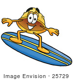 #25729 Clip Art Graphic Of A Yellow Safety Hardhat Cartoon Character Surfing On A Blue And Yellow Surfboard
