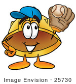#25730 Clip Art Graphic Of A Yellow Safety Hardhat Cartoon Character Catching A Baseball With A Glove
