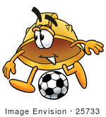 #25733 Clip Art Graphic Of A Yellow Safety Hardhat Cartoon Character Kicking A Soccer Ball