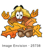#25738 Clip Art Graphic Of A Yellow Safety Hardhat Cartoon Character With Autumn Leaves And Acorns In The Fall