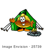 #25739 Clip Art Graphic Of A Yellow Safety Hardhat Cartoon Character Camping With A Tent And Fire