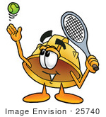 #25740 Clip Art Graphic of a Yellow Safety Hardhat Cartoon Character Preparing to Hit a Tennis Ball by toons4biz