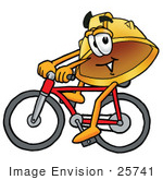 #25741 Clip Art Graphic Of A Yellow Safety Hardhat Cartoon Character Riding A Bicycle