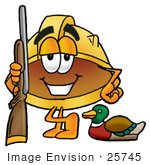 #25745 Clip Art Graphic Of A Yellow Safety Hardhat Cartoon Character Duck Hunting Standing With A Rifle And Duck