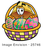 #25746 Clip Art Graphic Of A Yellow Safety Hardhat Cartoon Character In An Easter Basket Full Of Decorated Easter Eggs