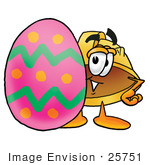 #25751 Clip Art Graphic Of A Yellow Safety Hardhat Cartoon Character Standing Beside An Easter Egg
