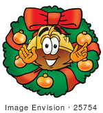 #25754 Clip Art Graphic Of A Yellow Safety Hardhat Cartoon Character In The Center Of A Christmas Wreath