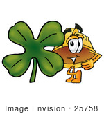 #25758 Clip Art Graphic Of A Yellow Safety Hardhat Cartoon Character With A Green Four Leaf Clover On St Paddy’S Or St Patricks Day
