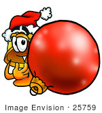 #25759 Clip Art Graphic Of A Yellow Safety Hardhat Cartoon Character Wearing A Santa Hat Standing With A Christmas Bauble