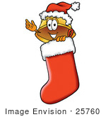 #25760 Clip Art Graphic Of A Yellow Safety Hardhat Cartoon Character Wearing A Santa Hat Inside A Red Christmas Stocking