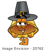 #25762 Clip Art Graphic Of A Yellow Safety Hardhat Cartoon Character Wearing A Pilgrim Hat On Thanksgiving