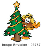 #25767 Clip Art Graphic Of A Yellow Safety Hardhat Cartoon Character Waving And Standing By A Decorated Christmas Tree