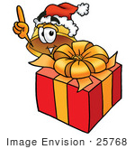 #25768 Clip Art Graphic Of A Yellow Safety Hardhat Cartoon Character Standing By A Christmas Present