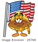 #25769 Clip Art Graphic Of A Yellow Safety Hardhat Cartoon Character Pledging Allegiance To An American Flag