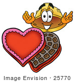 #25770 Clip Art Graphic Of A Yellow Safety Hardhat Cartoon Character With An Open Box Of Valentines Day Chocolate Candies