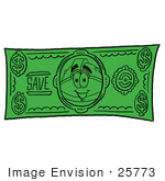 #25773 Clip Art Graphic Of A Yellow Safety Hardhat Cartoon Character On A Dollar Bill