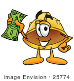 #25774 Clip Art Graphic Of A Yellow Safety Hardhat Cartoon Character Holding A Dollar Bill