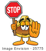 #25775 Clip Art Graphic Of A Yellow Safety Hardhat Cartoon Character Holding A Stop Sign
