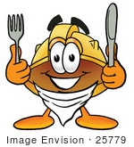 #25779 Clip Art Graphic Of A Yellow Safety Hardhat Cartoon Character Holding A Knife And Fork