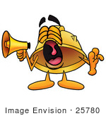 #25780 Clip Art Graphic Of A Yellow Safety Hardhat Cartoon Character Screaming Into A Megaphone