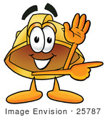 #25787 Clip Art Graphic Of A Yellow Safety Hardhat Cartoon Character Waving And Pointing