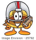 #25792 Clip Art Graphic Of A Yellow Safety Hardhat Cartoon Character In A Helmet Holding A Football