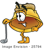 #25794 Clip Art Graphic Of A Yellow Safety Hardhat Cartoon Character Leaning On A Golf Club While Golfing
