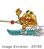 #25795 Clip Art Graphic Of A Yellow Safety Hardhat Cartoon Character Waving While Water Skiing