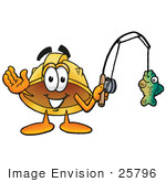 #25796 Clip Art Graphic Of A Yellow Safety Hardhat Cartoon Character Holding A Fish On A Fishing Pole