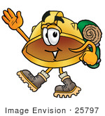 #25797 Clip Art Graphic Of A Yellow Safety Hardhat Cartoon Character Hiking And Carrying A Backpack