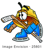#25801 Clip Art Graphic Of A Yellow Safety Hardhat Cartoon Character Playing Ice Hockey