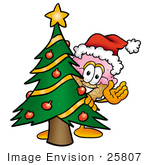 #25807 Clip Art Graphic Of A Strawberry Ice Cream Cone Cartoon Character Waving And Standing By A Decorated Christmas Tree