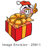 #25811 Clip Art Graphic Of A Strawberry Ice Cream Cone Cartoon Character Standing By A Christmas Present