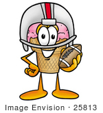 #25813 Clip Art Graphic Of A Strawberry Ice Cream Cone Cartoon Character In A Helmet Holding A Football