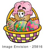 #25816 Clip Art Graphic Of A Strawberry Ice Cream Cone Cartoon Character In An Easter Basket Full Of Decorated Easter Eggs