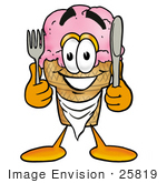 #25819 Clip Art Graphic Of A Strawberry Ice Cream Cone Cartoon Character Holding A Knife And Fork