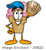 #25822 Clip Art Graphic Of A Strawberry Ice Cream Cone Cartoon Character Catching A Baseball With A Glove