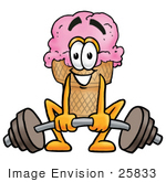 #25833 Clip Art Graphic Of A Strawberry Ice Cream Cone Cartoon Character Lifting A Heavy Barbell