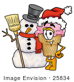 #25834 Clip Art Graphic Of A Strawberry Ice Cream Cone Cartoon Character With A Snowman On Christmas