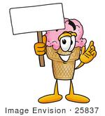 #25837 Clip Art Graphic Of A Strawberry Ice Cream Cone Cartoon Character Holding A Blank Sign