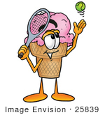 #25839 Clip Art Graphic Of A Strawberry Ice Cream Cone Cartoon Character Preparing To Hit A Tennis Ball