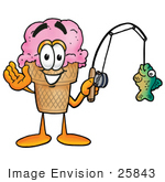 #25843 Clip Art Graphic Of A Strawberry Ice Cream Cone Cartoon Character Holding A Fish On A Fishing Pole