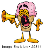 #25844 Clip Art Graphic Of A Strawberry Ice Cream Cone Cartoon Character Screaming Into A Megaphone