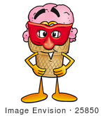 #25850 Clip Art Graphic Of A Strawberry Ice Cream Cone Cartoon Character Wearing A Red Mask Over His Face