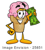 #25851 Clip Art Graphic Of A Strawberry Ice Cream Cone Cartoon Character Holding A Dollar Bill
