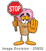 #25852 Clip Art Graphic Of A Strawberry Ice Cream Cone Cartoon Character Holding A Stop Sign