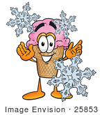 #25853 Clip Art Graphic Of A Strawberry Ice Cream Cone Cartoon Character With Three Snowflakes In Winter