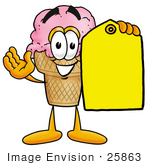 #25863 Clip Art Graphic Of A Strawberry Ice Cream Cone Cartoon Character Holding A Yellow Sales Price Tag