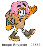 #25865 Clip Art Graphic Of A Strawberry Ice Cream Cone Cartoon Character Hiking And Carrying A Backpack
