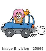 #25869 Clip Art Graphic Of A Strawberry Ice Cream Cone Cartoon Character Driving A Blue Car And Waving